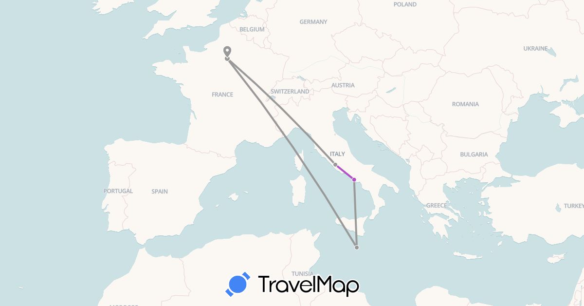 TravelMap itinerary: driving, plane, train in France, Italy, Malta (Europe)