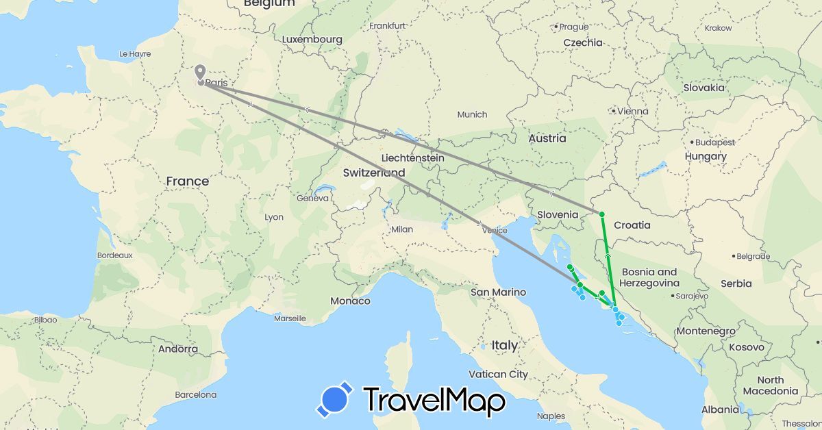 TravelMap itinerary: driving, bus, plane, boat in France, Croatia (Europe)