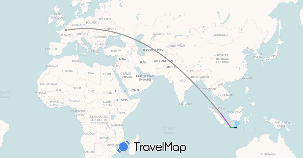 TravelMap itinerary: driving, bus, plane, train, boat in France, Indonesia, Singapore (Asia, Europe)