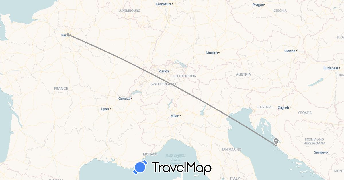 TravelMap itinerary: driving, plane in France, Croatia (Europe)